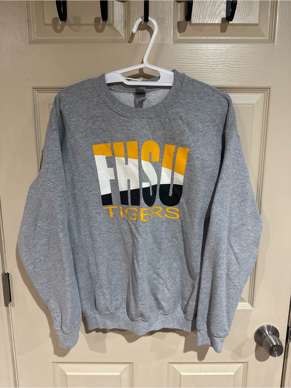 Gildan Gray Fort Hays FHSU Tigers Crewneck Sweatshirt with Yellow and Black Logo